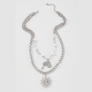 Multi layered key and lock silver necklace